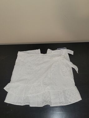 White Eyelet Wrap Mini Skirt with Tie Waist